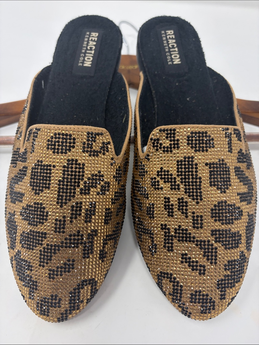Reaction Kenneth Cole Gold Black Leopard Rhinestone Mules Size 7.5